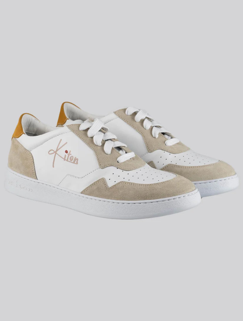 Kiton White Beige Leather Leather Suede Sneakers