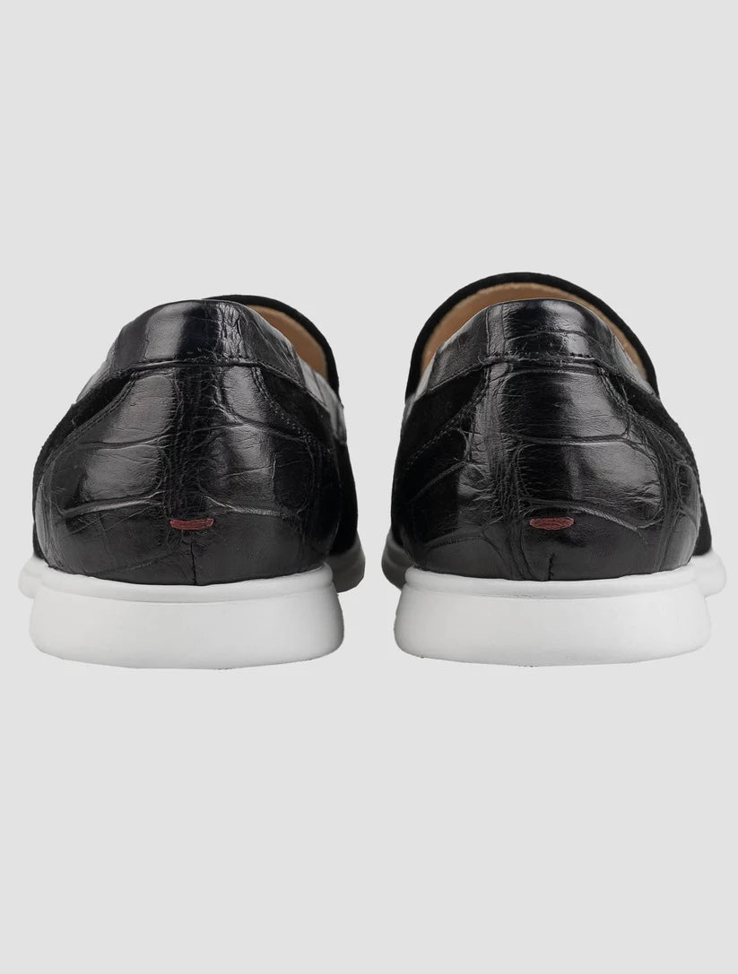 Kiton Black Leather Crocodile Leather Suede Loafers