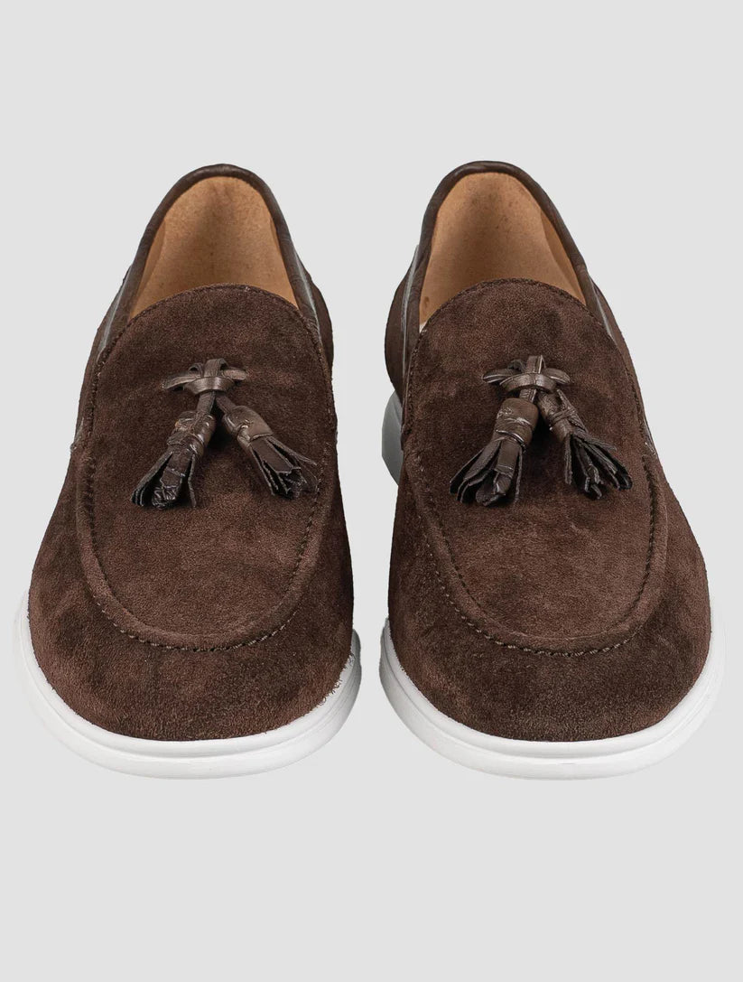 Kiton Brown Leather Crocodile Leather Suede Loafers