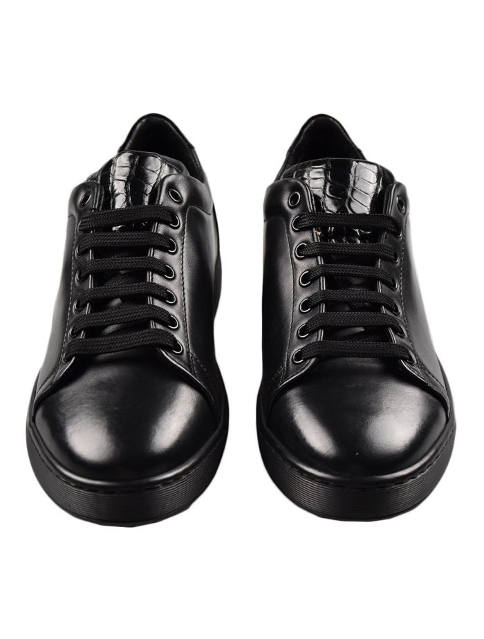 Kiton Black Leather Crocodile Sneakers