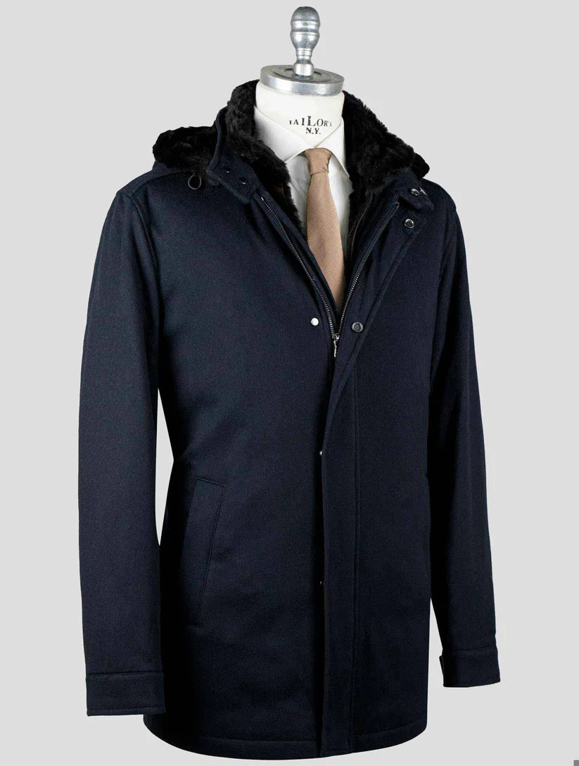Barba Napoli Dark Blue Virgin Wool Cashmere with Lapin Fur Overcoat