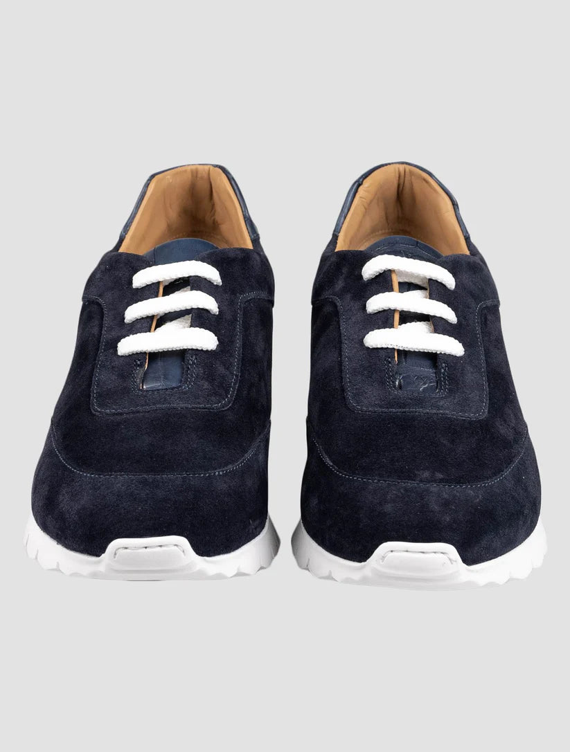 Kiton Blue Leather Suede Leather Crocodile Sneakers