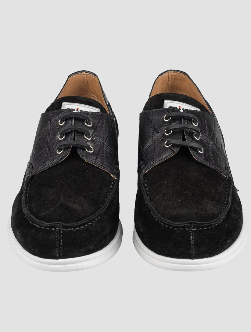 Kiton Black Leather Crocodile Leather Suede Loafers