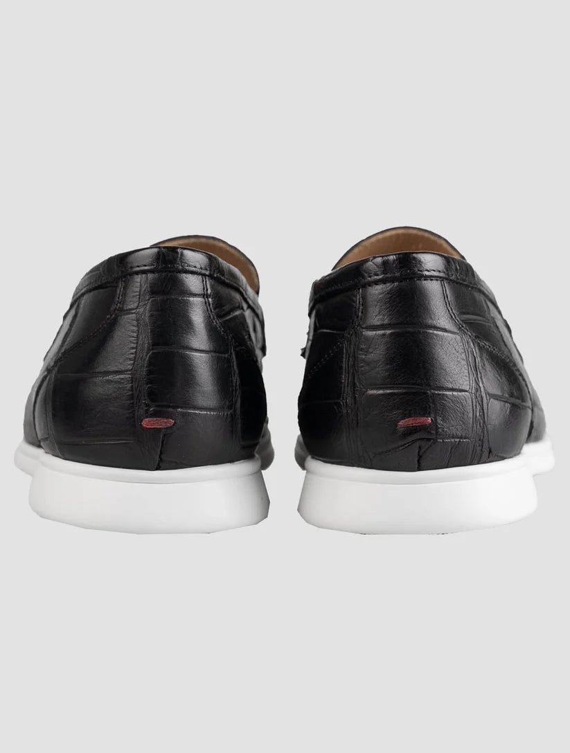 Kiton Black Leather Crocodile Loafers