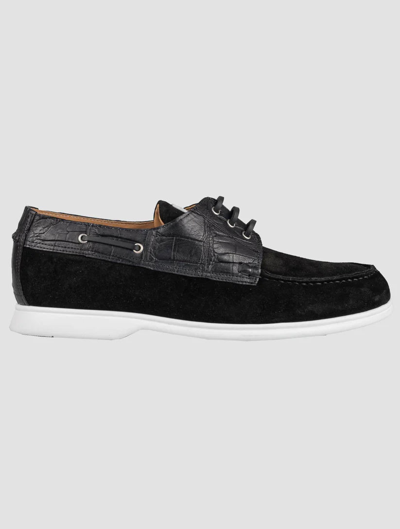 Kiton Black Leather Crocodile Leather Suede Loafers