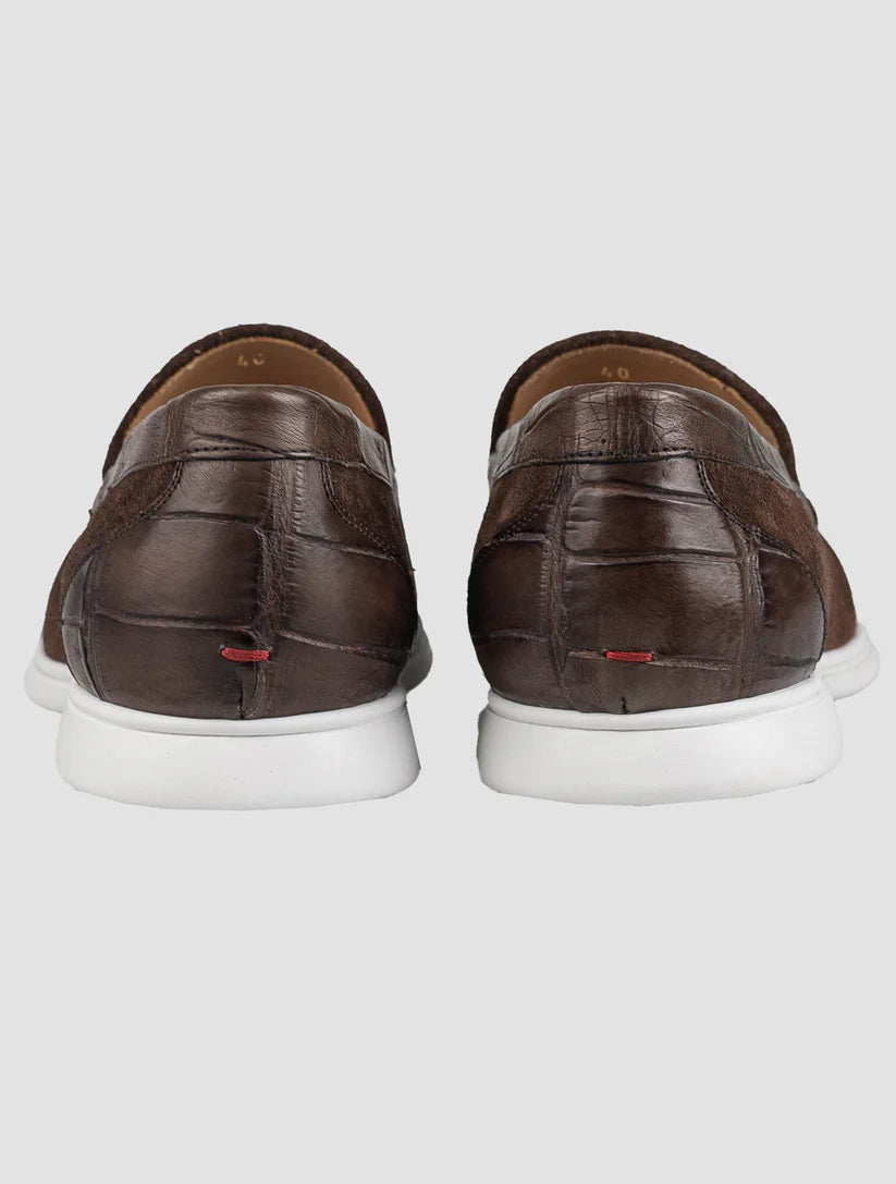 Kiton Brown Leather Crocodile Leather Suede Loafers