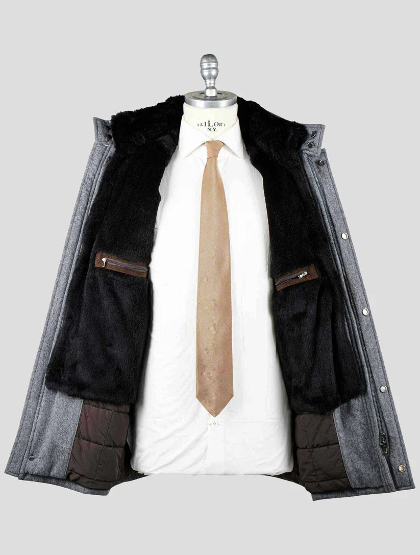 Barba Napoli Gray Virgin Wool Cashmere with Lapin Fur Overcoat