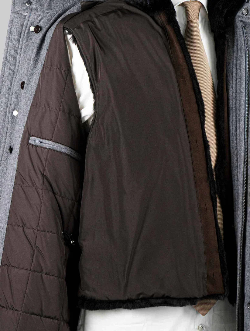 Barba Napoli Gray Virgin Wool Cashmere with Lapin Fur Overcoat