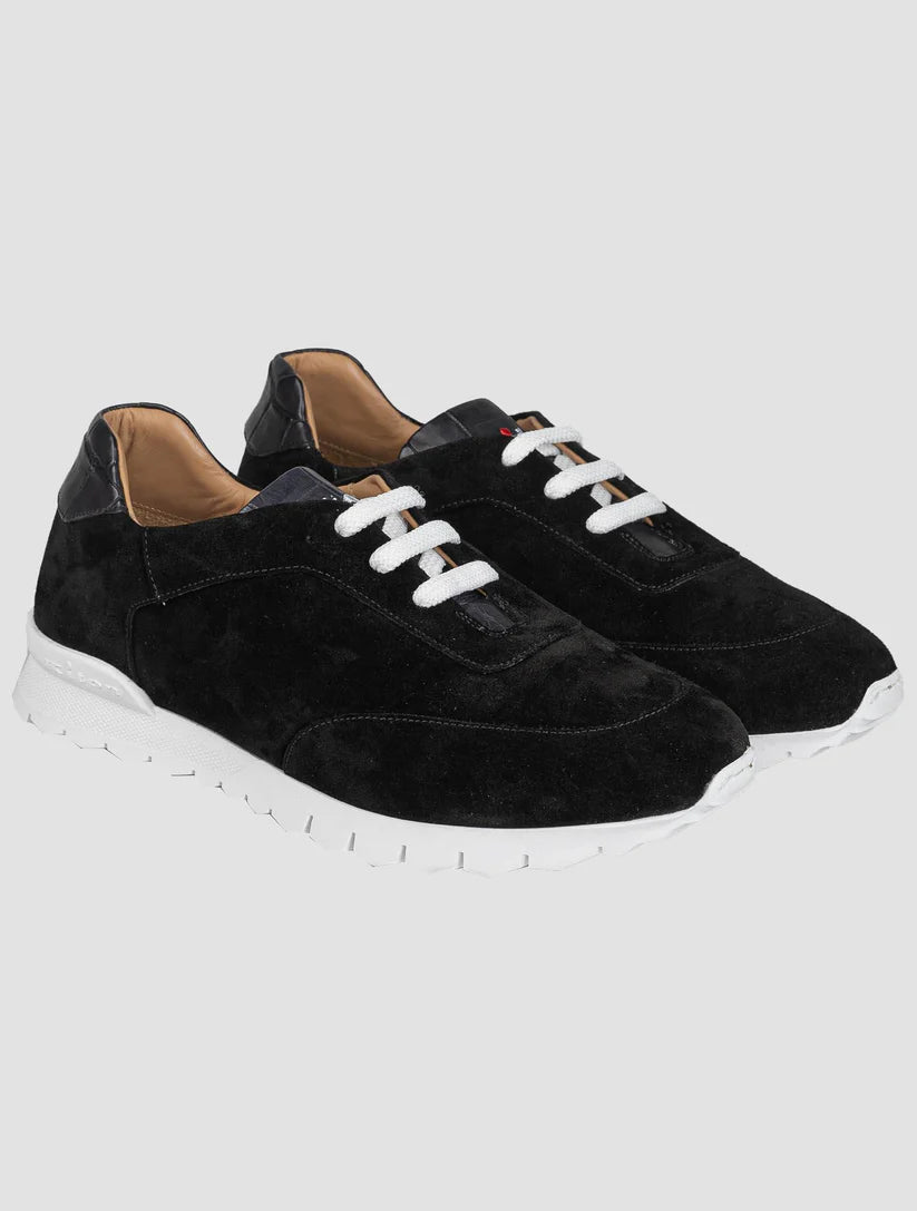 Kiton Black Leather Suede Leather Crocodile Sneakers