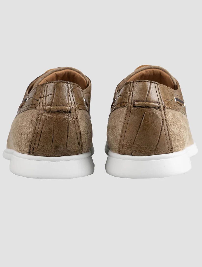 Kiton Beige Leather Crocodile Leather Suede Loafers