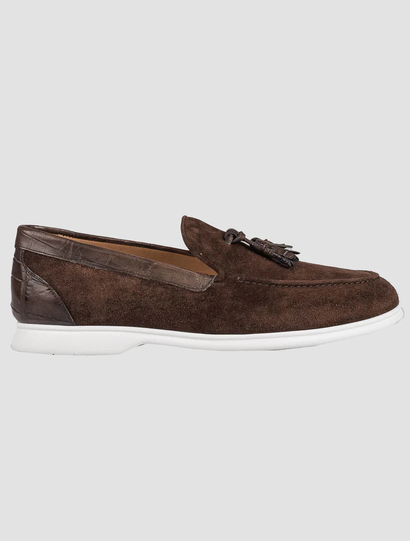 Kiton Brown Leather Crocodile Leather Suede Loafers