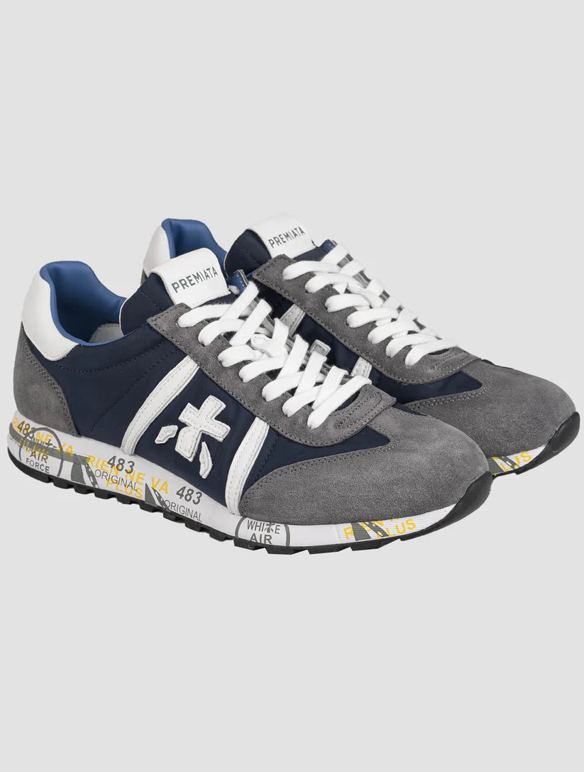 Premiata Blue Gray Leather Suede Pa Sneakers