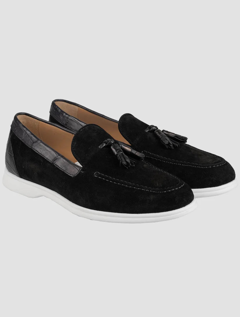 Kiton Black Leather Crocodile Leather Suede Loafers