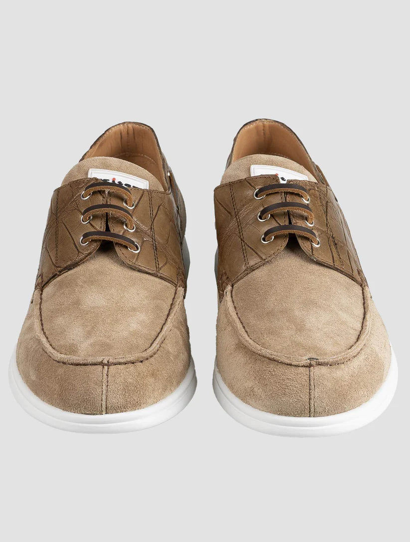 Kiton Beige Leather Crocodile Leather Suede Loafers