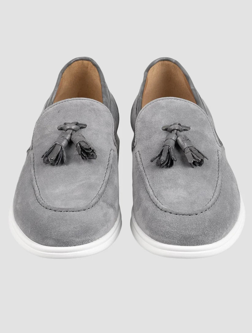 Kiton Gray Leather Suede Leather Crocodile Loafers