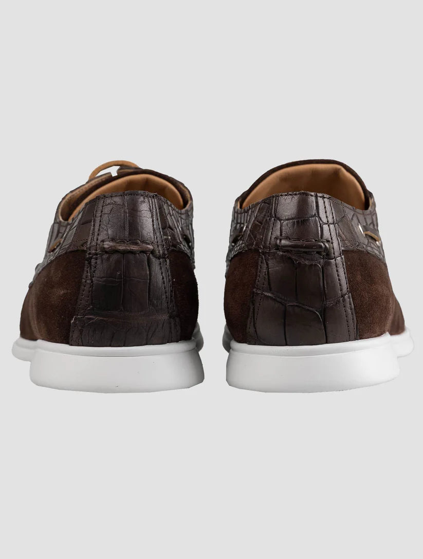 Kiton Brown Leather Crocodile Leather Suede Loafers