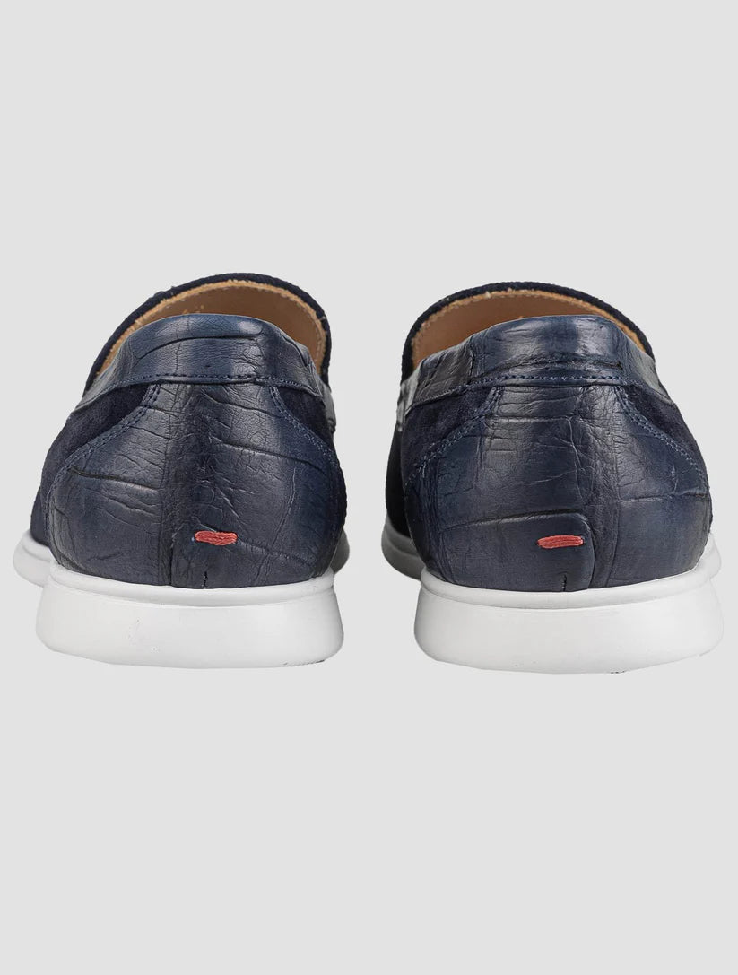 Kiton Blue Leather Crocodile Leather Suede Loafers