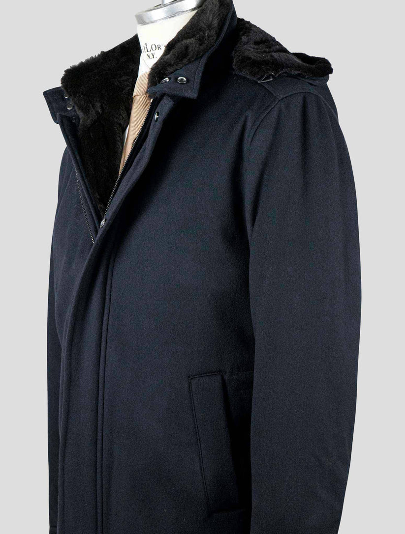 Barba Napoli Dark Blue Virgin Wool Cashmere with Lapin Fur Overcoat