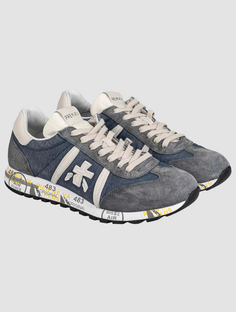 Premiata Blue Beige Linen Cotton Leather Pa Pu Sneakers