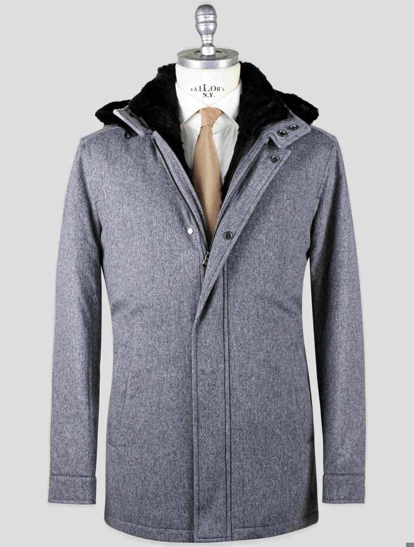 Barba Napoli Gray Virgin Wool Cashmere with Lapin Fur Overcoat