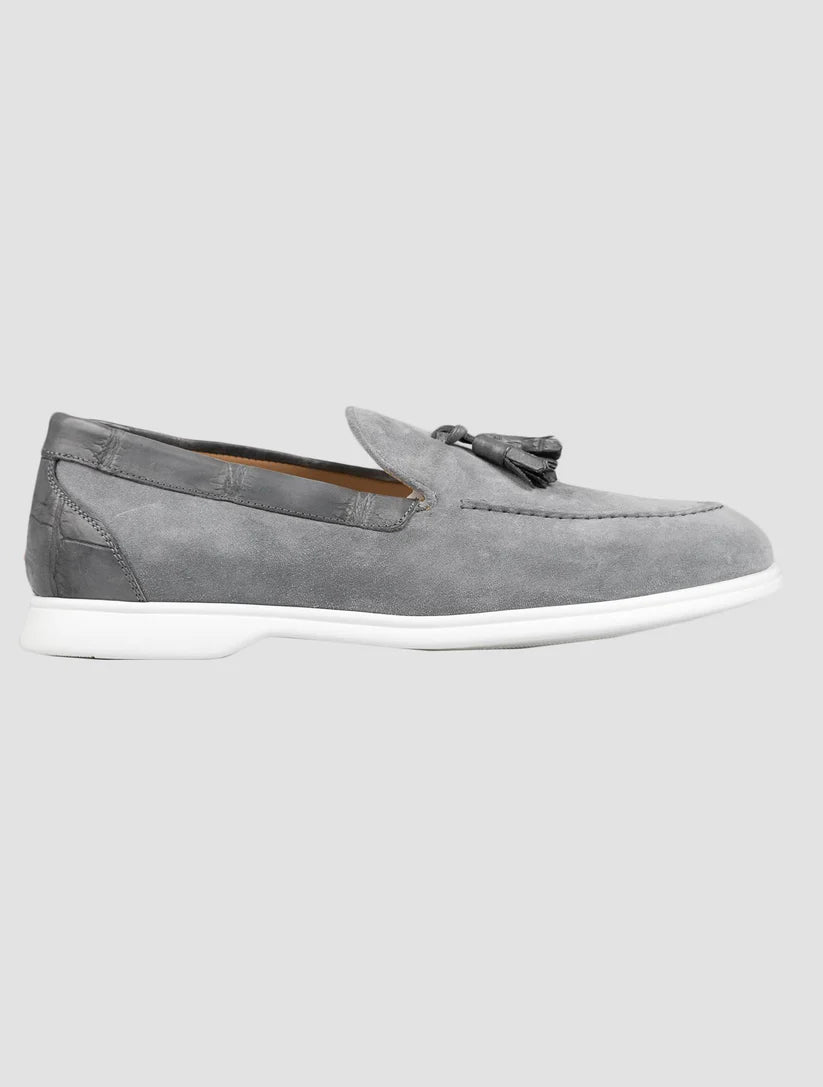 Kiton Gray Leather Suede Leather Crocodile Loafers