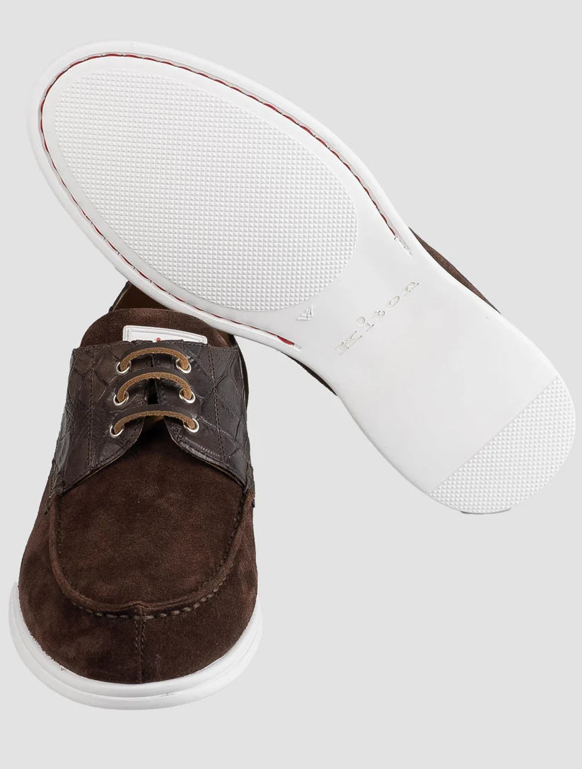 Kiton Brown Leather Crocodile Leather Suede Loafers