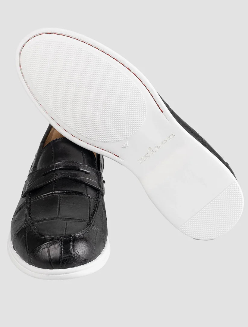 Kiton Black Leather Crocodile Loafers