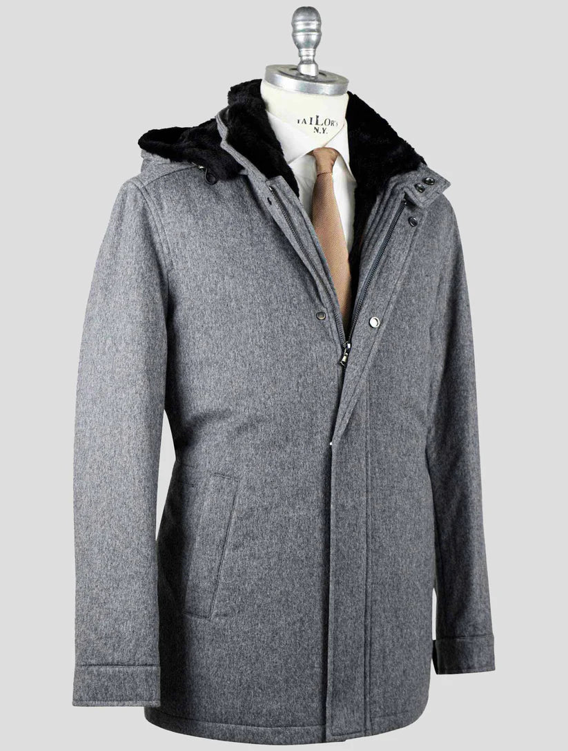 Barba Napoli Gray Virgin Wool Cashmere with Lapin Fur Overcoat