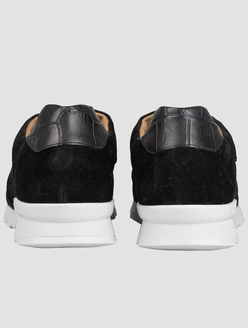 Kiton Black Leather Suede Leather Crocodile Sneakers