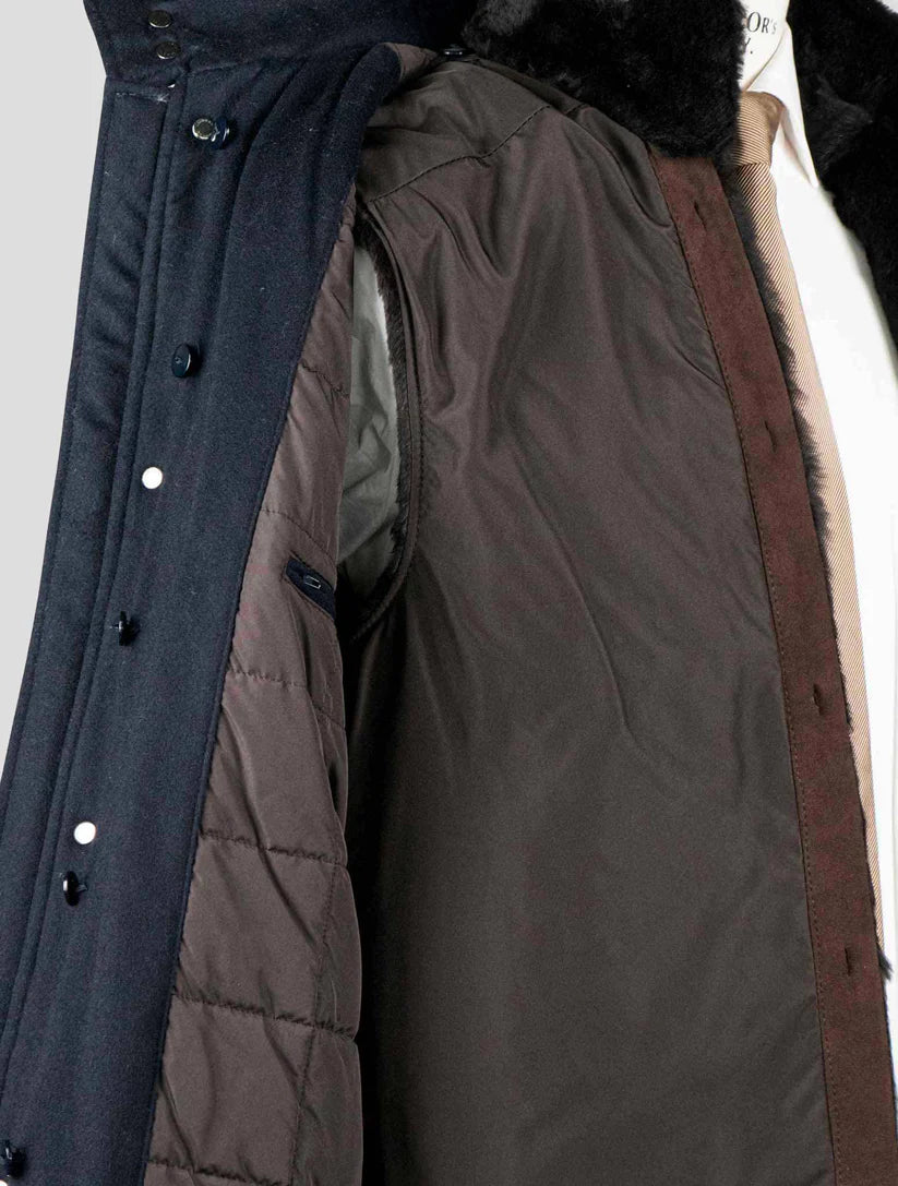 Barba Napoli Dark Blue Virgin Wool Cashmere with Lapin Fur Overcoat