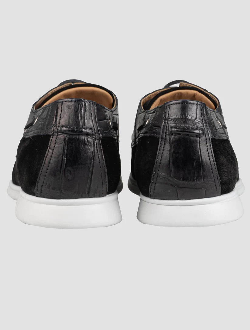 Kiton Black Leather Crocodile Leather Suede Loafers