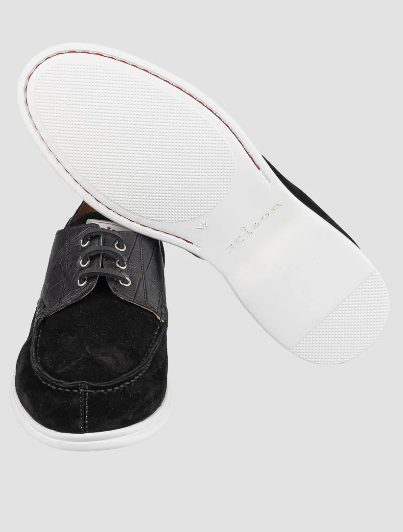 Kiton Black Leather Crocodile Leather Suede Loafers