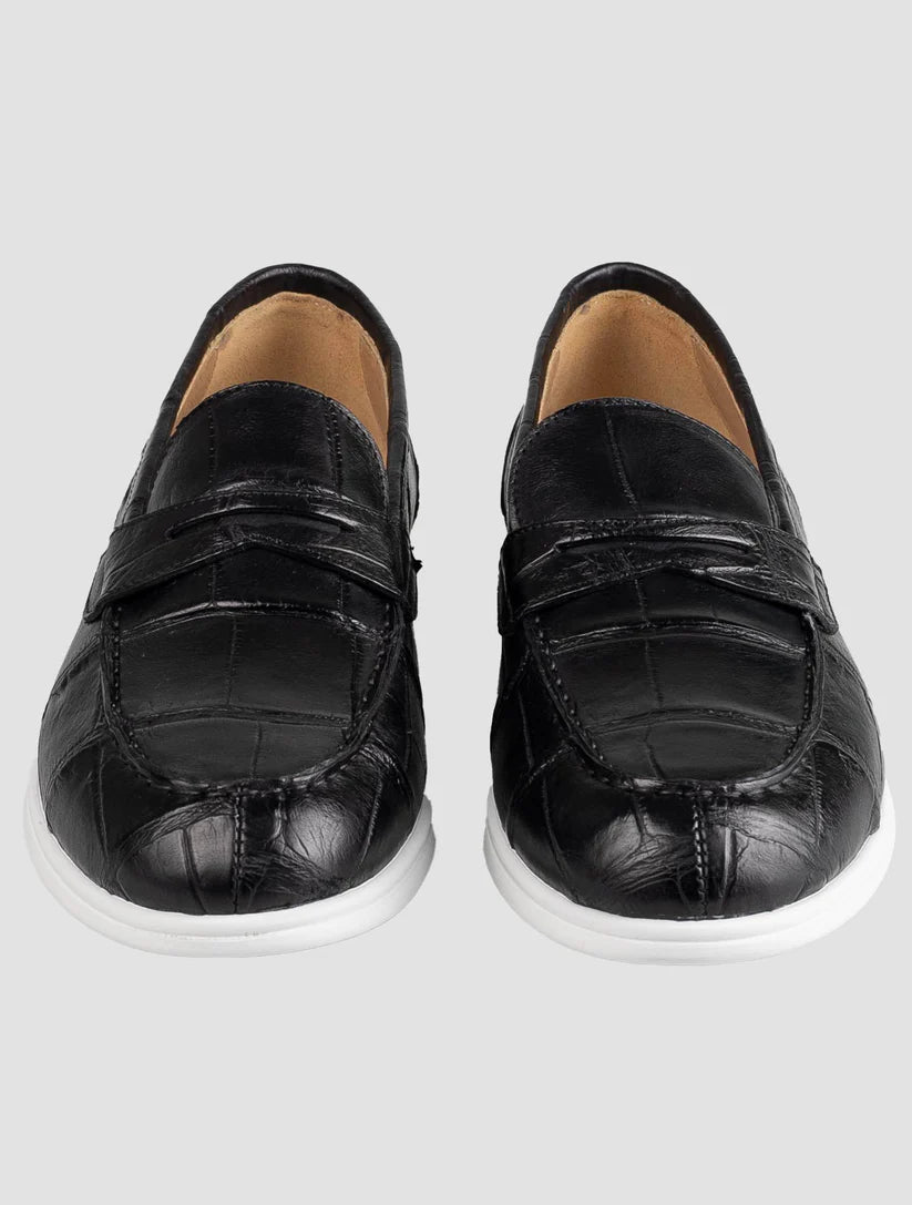 Kiton Black Leather Crocodile Loafers