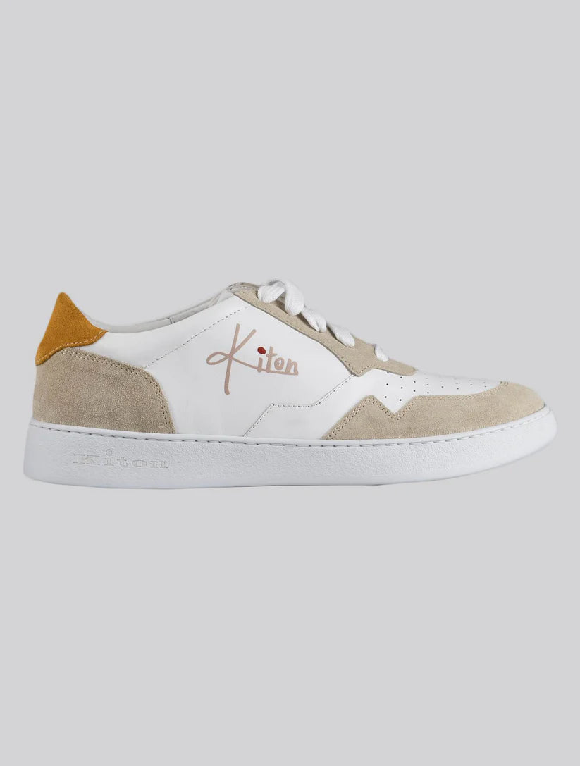 Kiton White Beige Leather Leather Suede Sneakers