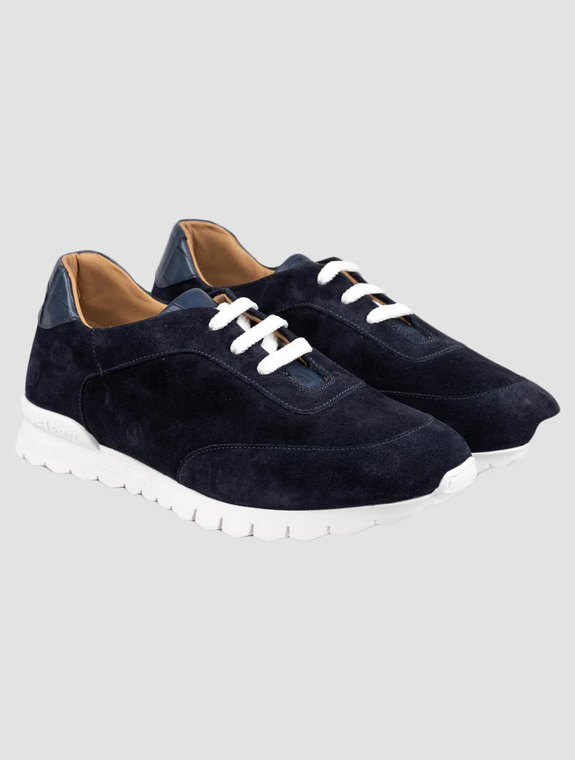 Kiton Blue Leather Suede Leather Crocodile Sneakers