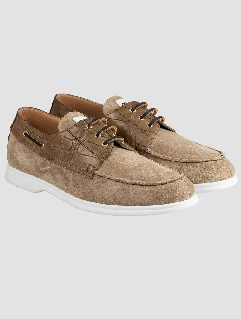 Kiton Beige Leather Crocodile Leather Suede Loafers