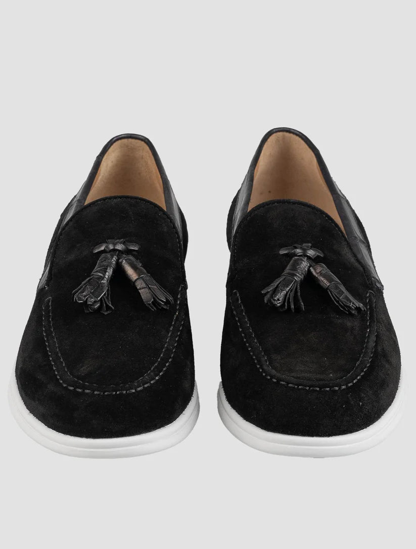 Kiton Black Leather Crocodile Leather Suede Loafers