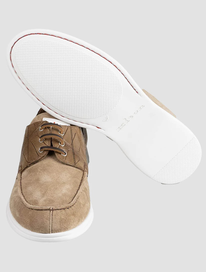 Kiton Beige Leather Crocodile Leather Suede Loafers