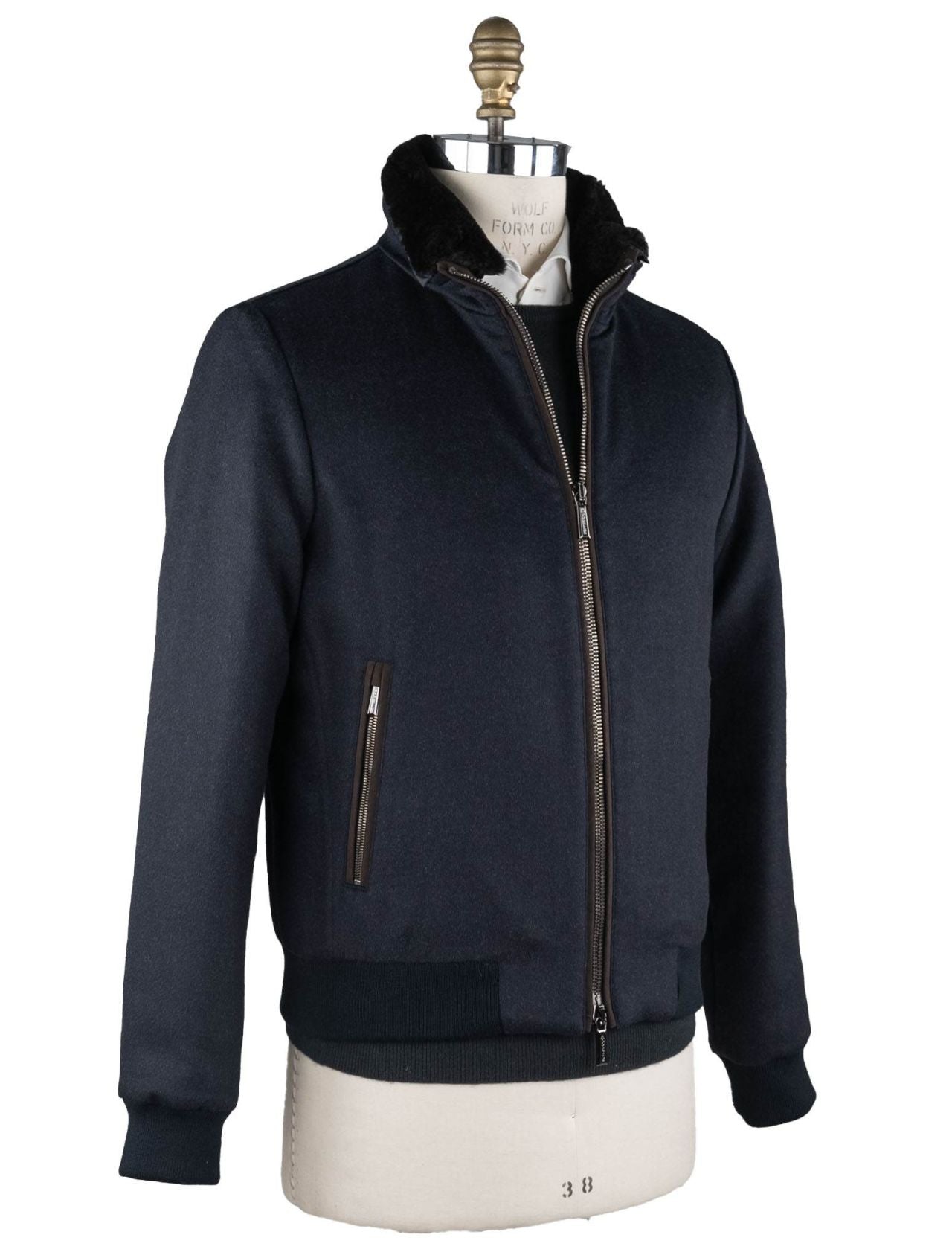 MooRER Blue Wool Cashmere Goat Sheepskin Collar Coat