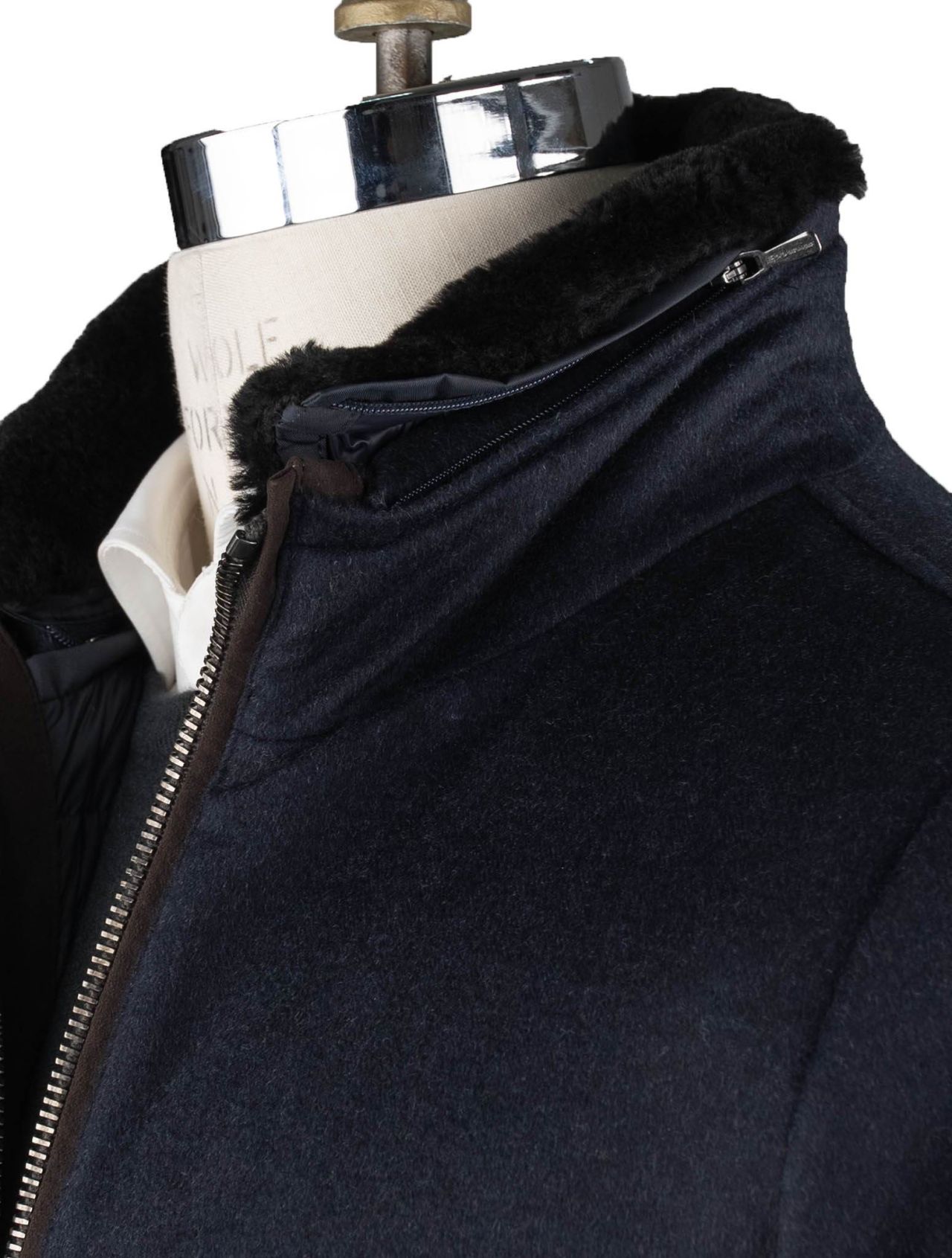 MooRER Blue Wool Cashmere Goat Sheepskin Collar Coat