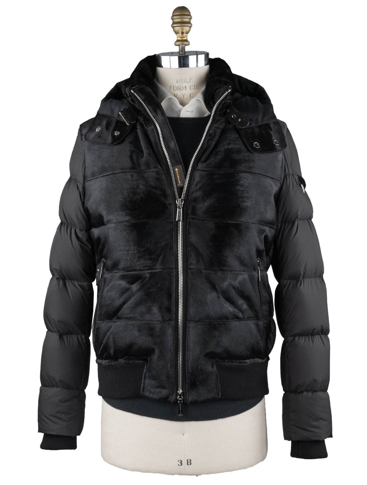 MooRER Black Leather Bos Taurus Sheepskin Collar Coat