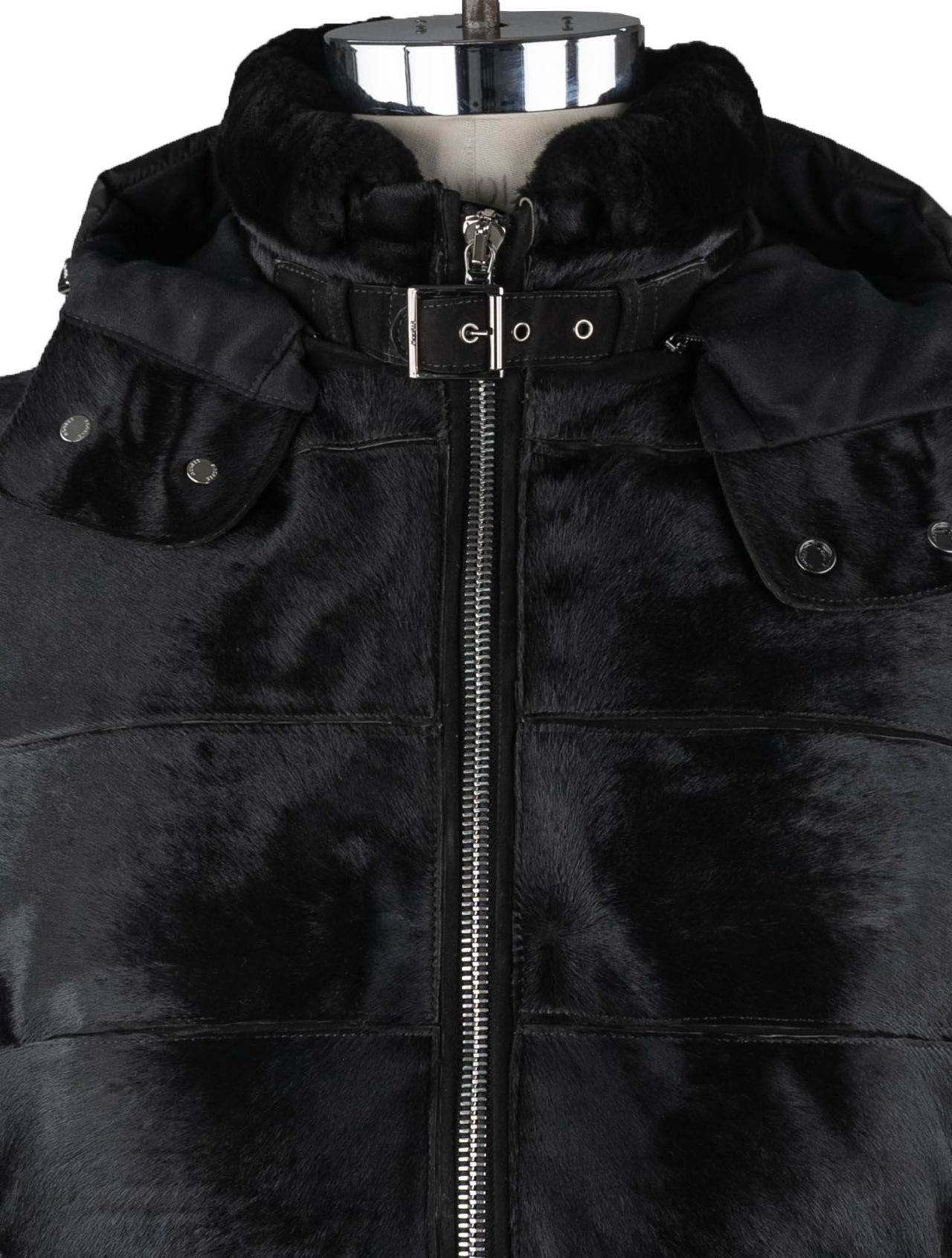 MooRER Black Leather Bos Taurus Sheepskin Collar Coat