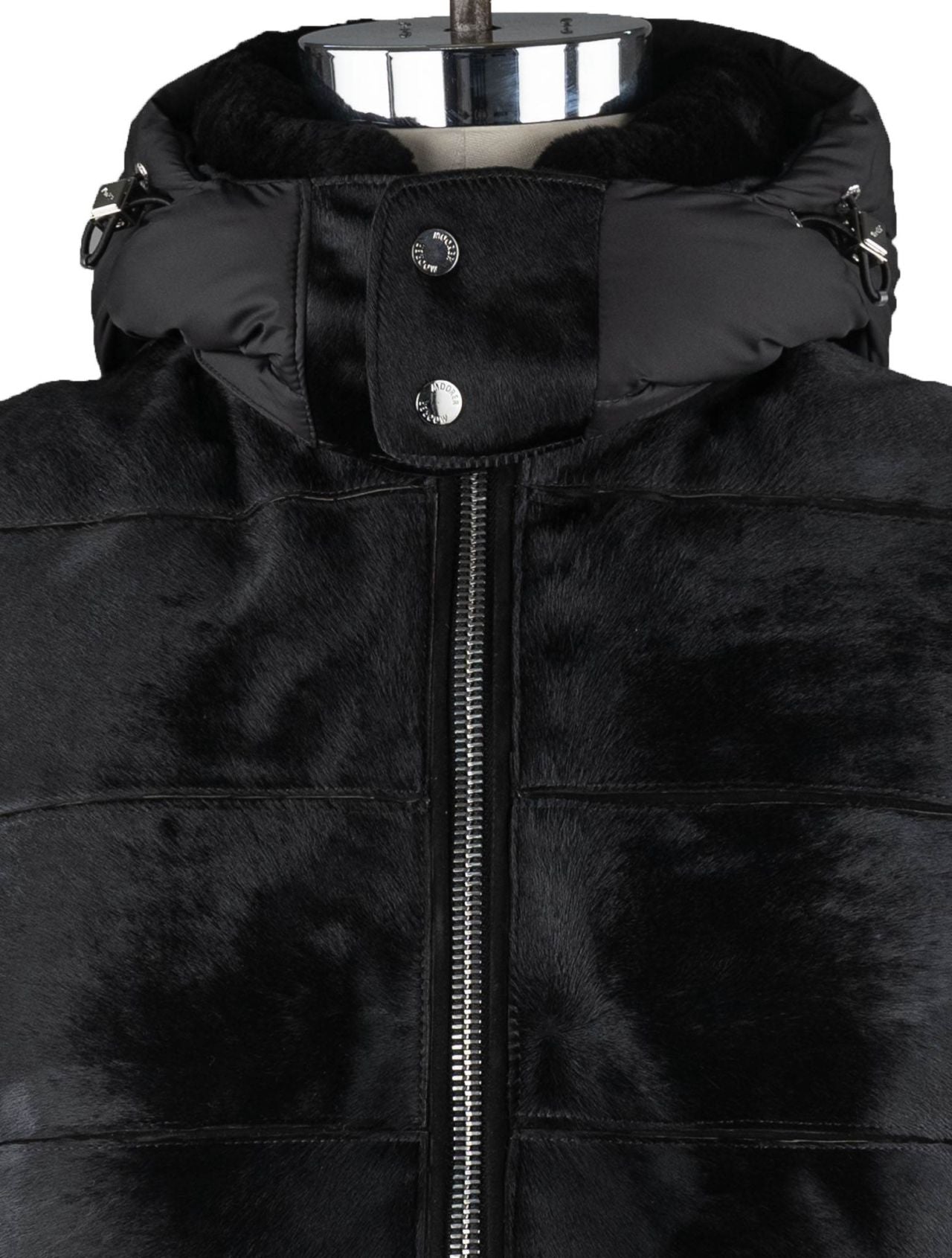 MooRER Black Leather Bos Taurus Sheepskin Collar Coat