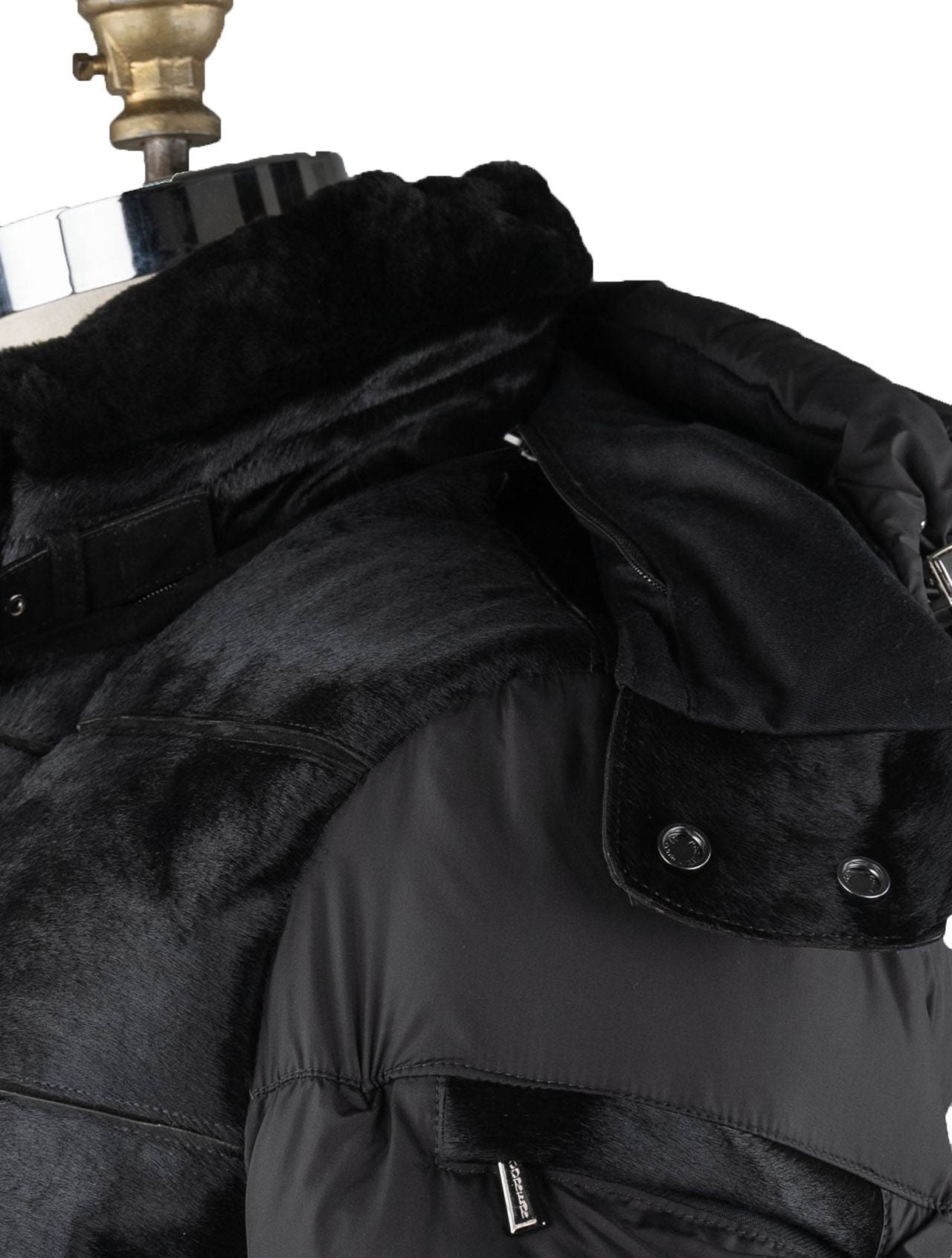 MooRER Black Leather Bos Taurus Sheepskin Collar Coat