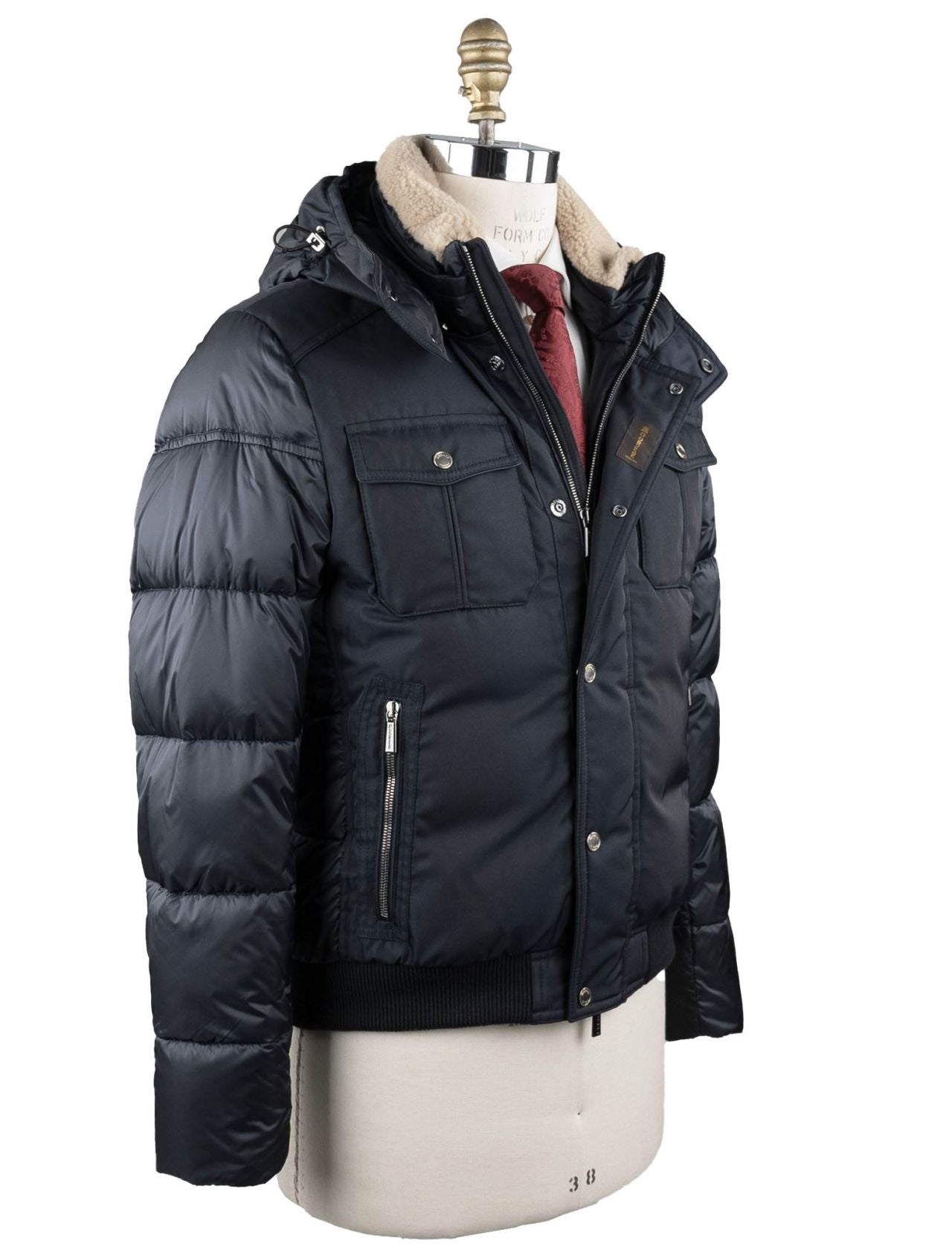 MooRER Blue Pl Cotton Pa Sheepskin Collar Coat