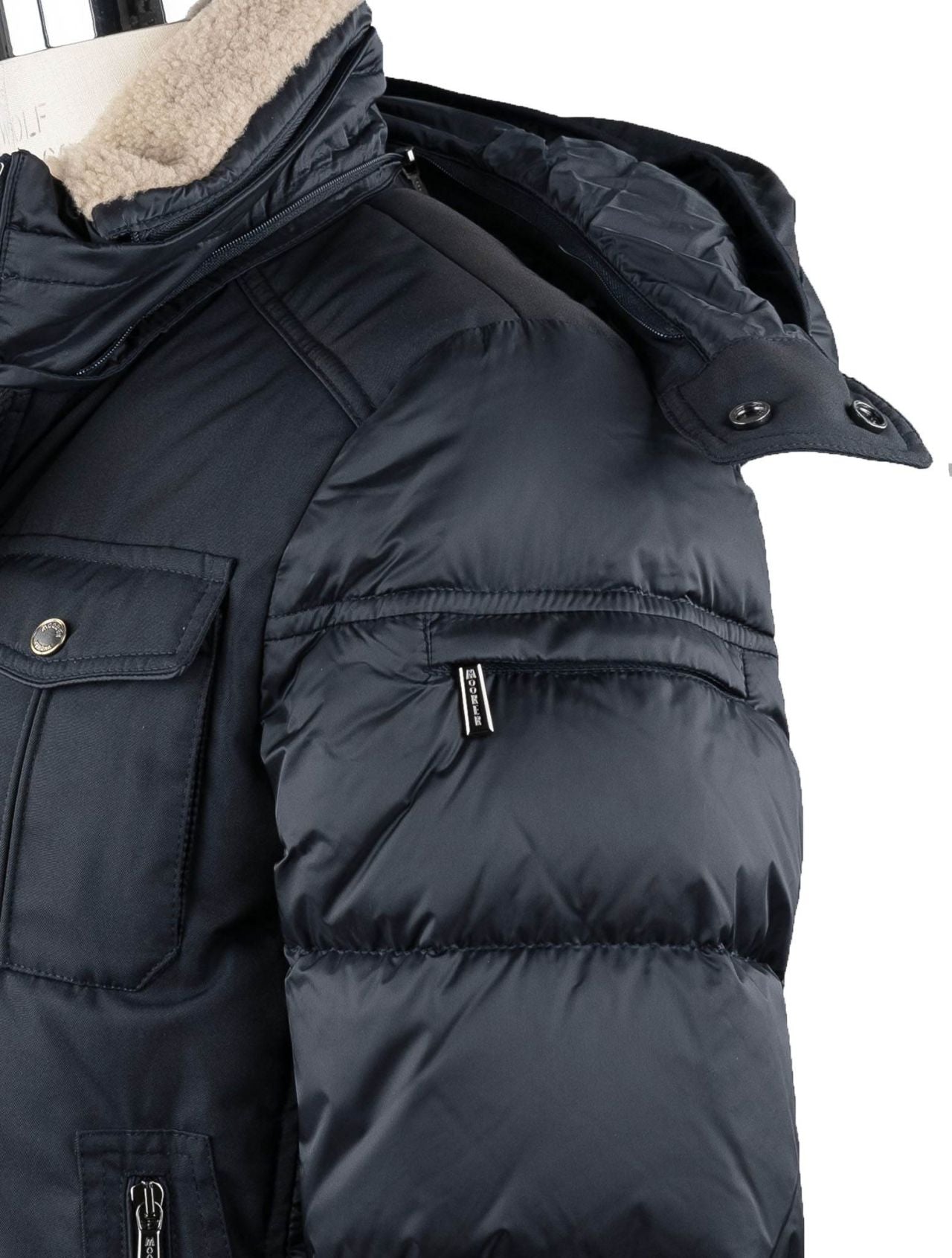 MooRER Blue Pl Cotton Pa Sheepskin Collar Coat