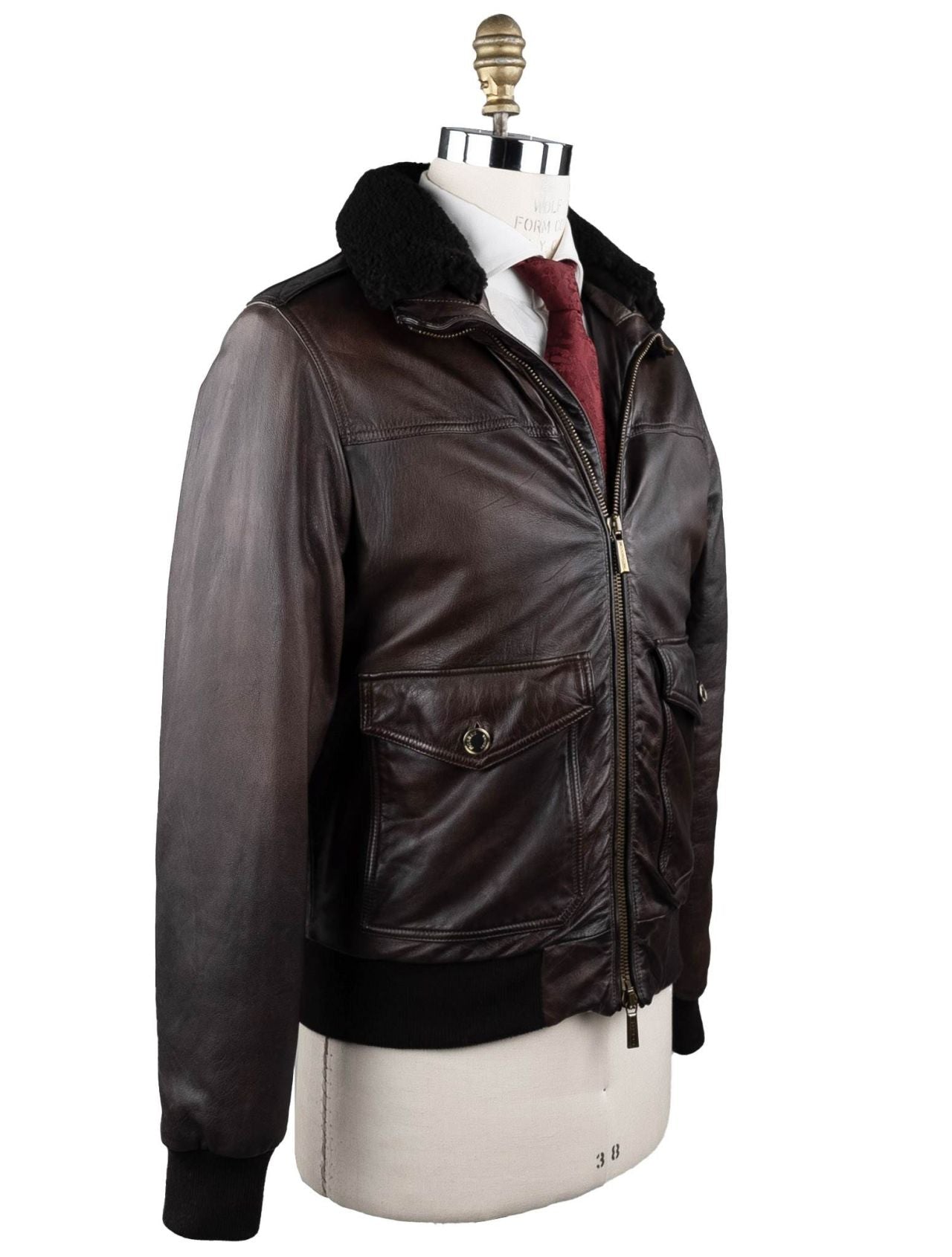MooRER Brown Leather Goat Sheepskin Collar Coat