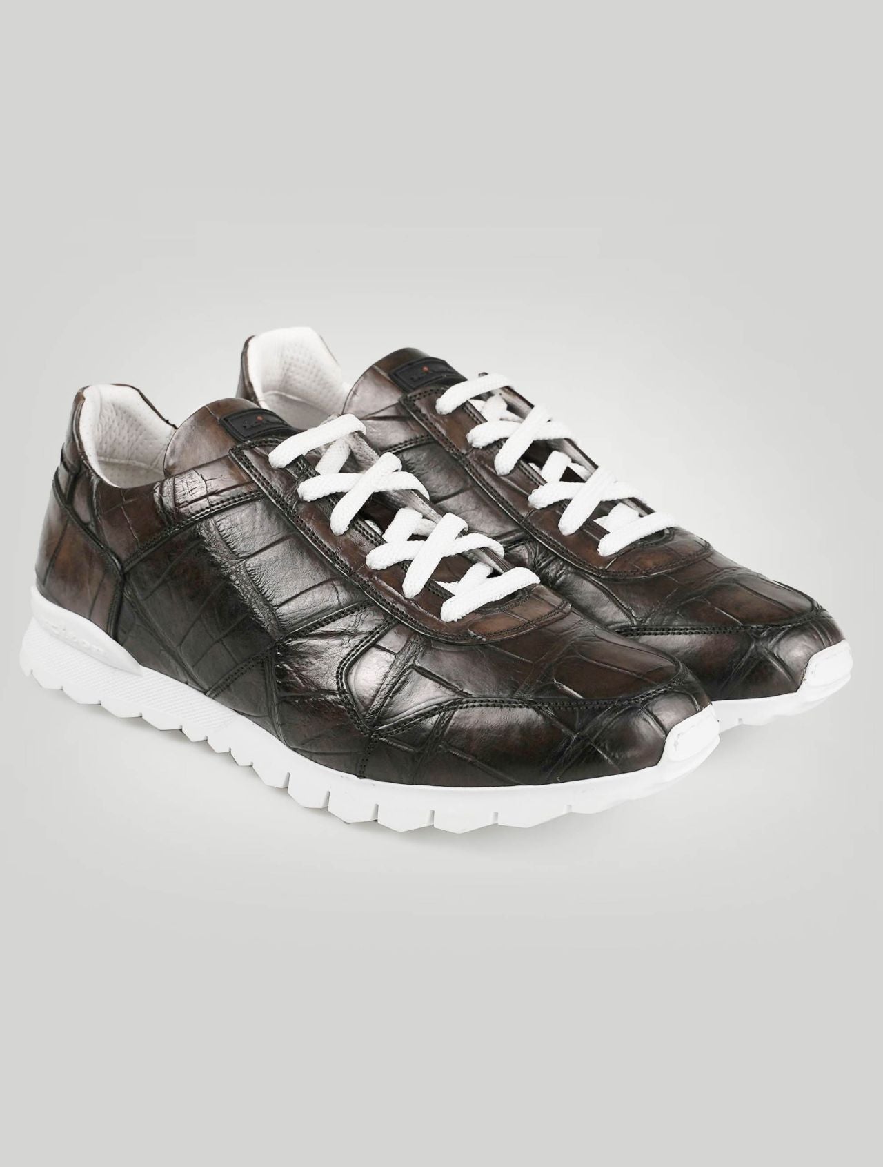 Kiton Dark Brown Leather Crocodile Sneakers