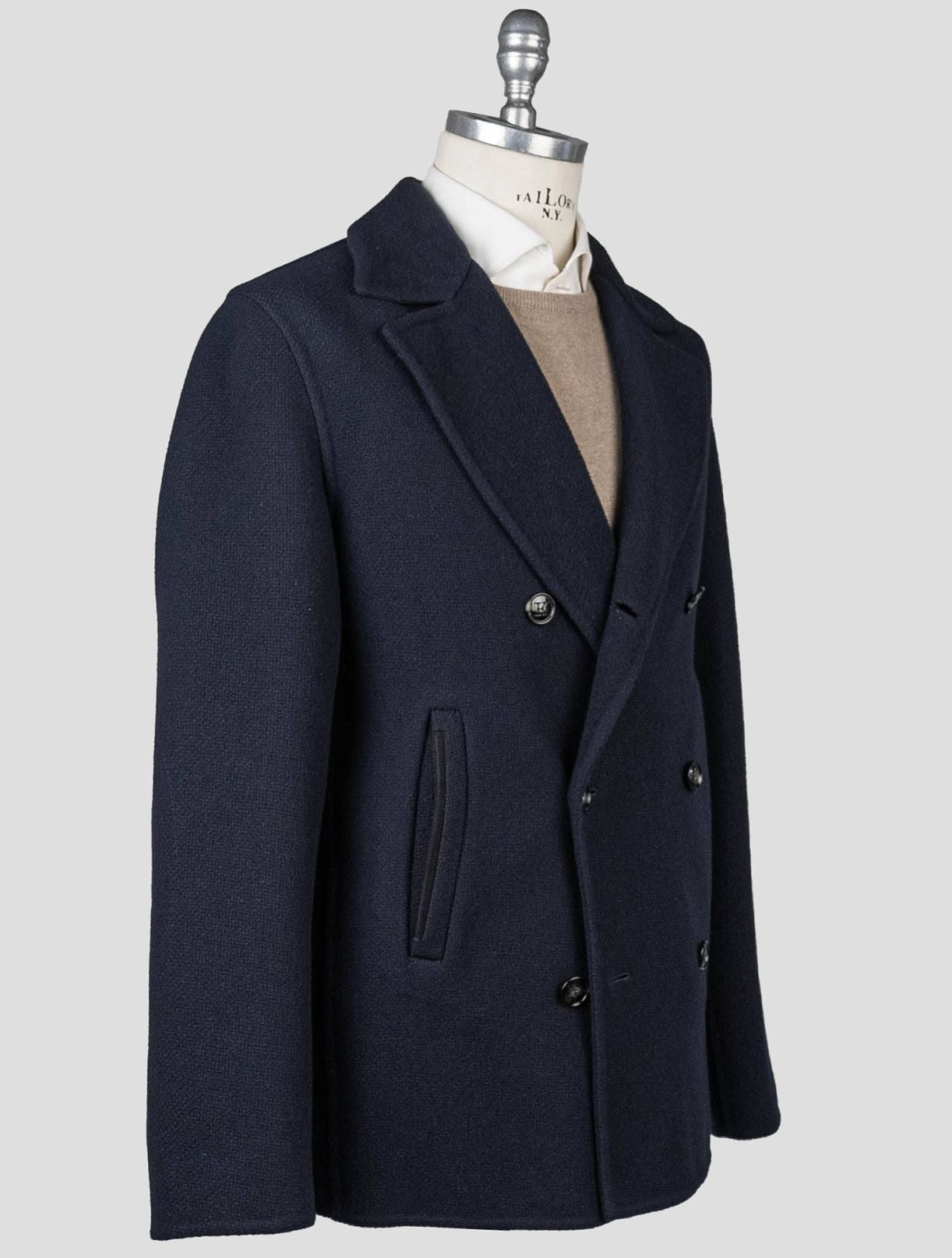 Kiton Blue Virgin Wool Cashmere Double Breasted Coat
