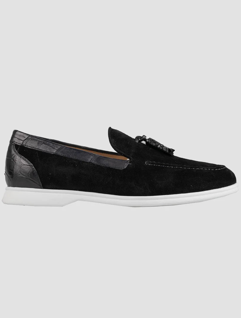 Kiton Black Leather Crocodile Leather Suede Loafers